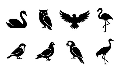 Fototapeta premium Minimal black silhouette bird collection set featuring swan owl eagle and flamingo wildlife vector icons