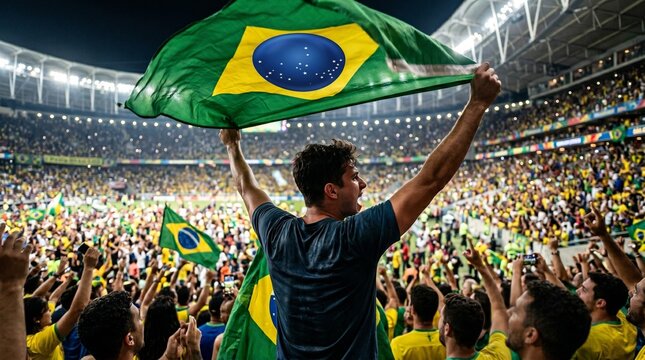 Brazilian fan celebrates victory holding national flag in crowded stadium during sports event
