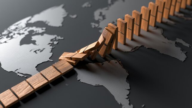 Wooden dominoes falling across a stylized world map, symbolizing global impact