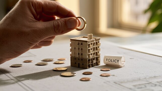 Hand holds ring above miniature building, coins, and policy document
