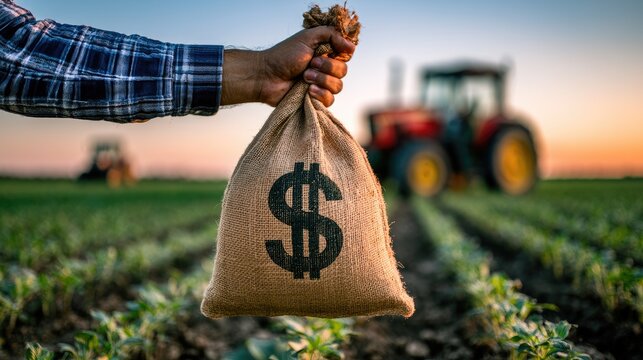 Hand holding burlap money bag with dollar sign in sunlit farm field
