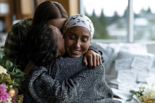 A heartwarming moment shared between three friends, celebrating life after cancer with warm hugs and smiles, surrounded by flowers and a cozy atmosphere, radiating hope.