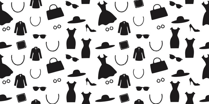 Modern female wardrobe and designer fashion accessories seamless pattern