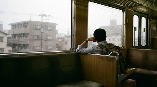 Rear view of a young man with a backpack looking out of a train window. Commuter sitting in a vintage carriage during a journey. Contemplative travel concept