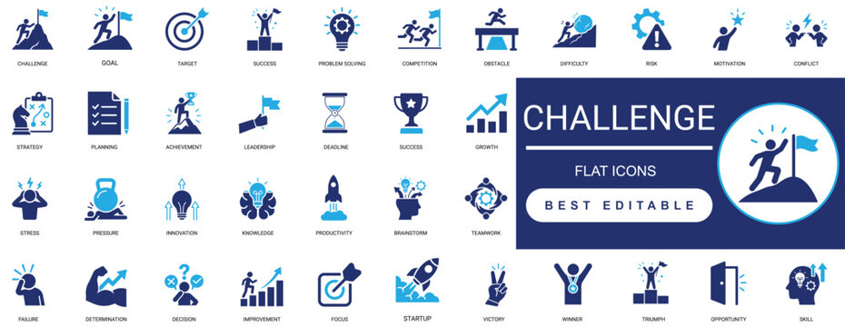 Challenge Solid Icon Set. Competition, Goal, Obstacle, Achievement, Motivation, Success, Target, Trophy. Editable Glyph Vector Illustration.