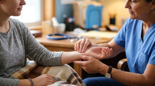 Nurse taking patient's pulse in a clinic