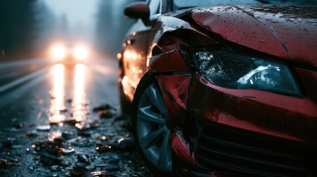 Damaged red vehicle on wet road, headlights blurred in background, debris scattered