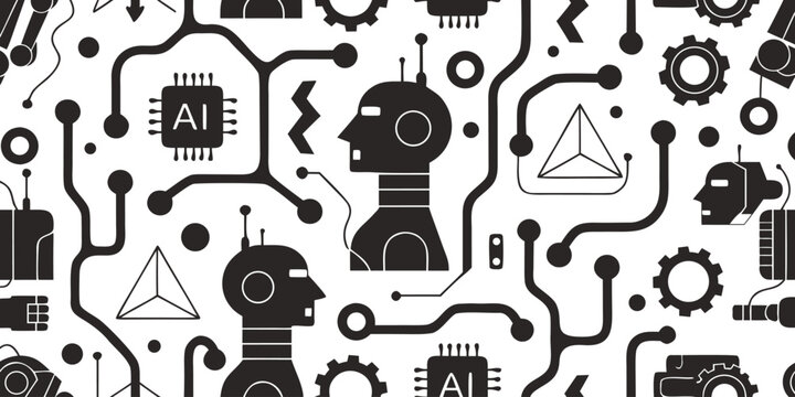 Robotics and artificial intelligence seamless pattern with robot heads and circuit board design elements
