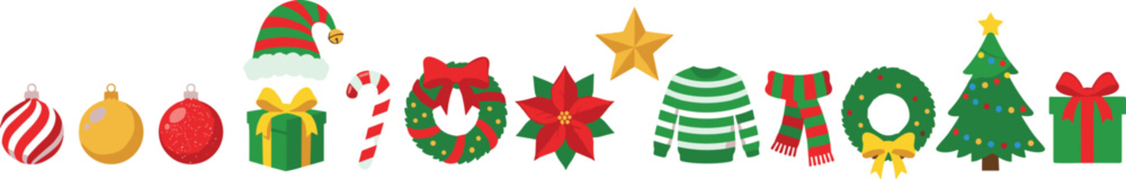 Christmas Holiday Decorative Icon Border Set with Tree Wreath Gift Box Candy Cane and Winter Celebrations Element Line Vectors