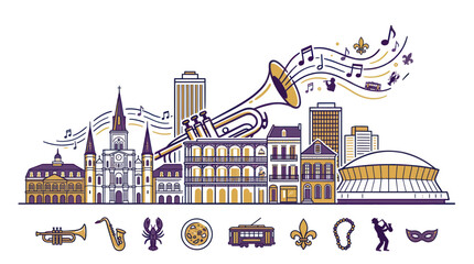 New Orleans Skyline with Music, Jazz Trumpet, Architecture & Icons © jonsen