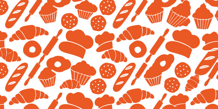 Seamless bakery food pattern with orange icons