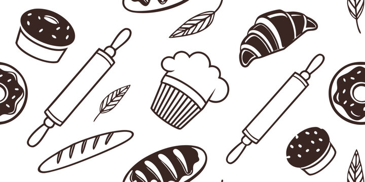 Seamless culinary pattern with dark brown bakery items