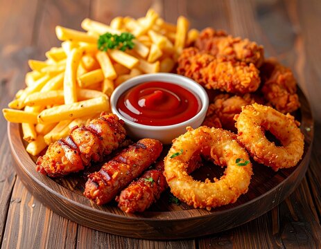 Crispy fried snack platter with fries, chicken, and onion rings served with dipping sauce, fast food concept