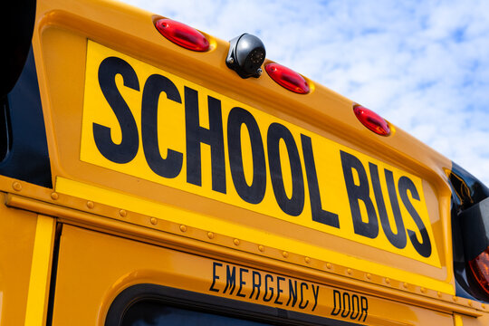 Yellow School Buses Parked In Lot With Stop Sign Safety Warning Symbols And Crosswalk Signage
