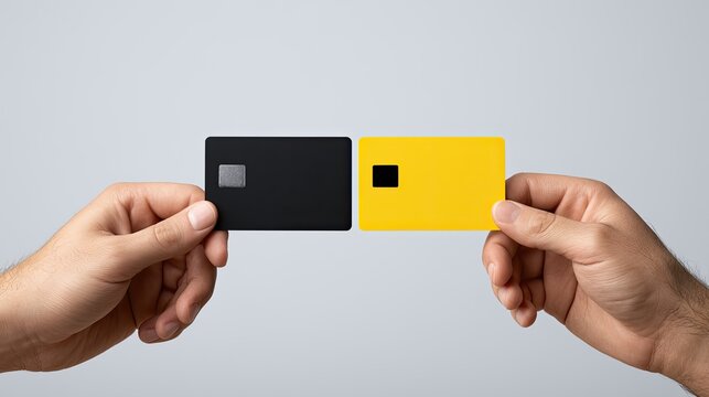 Two hands hold separate black and yellow credit cards, touching