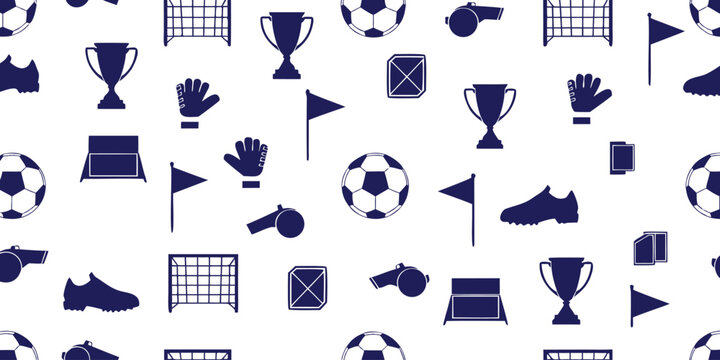 Soccer match elements pattern with dark blue silhouettes