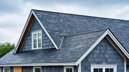 Obraz premium Modern residential house with gray shingle roofing, featuring large windows and a gable design, set against a cloudy sky in a suburban neighborhood