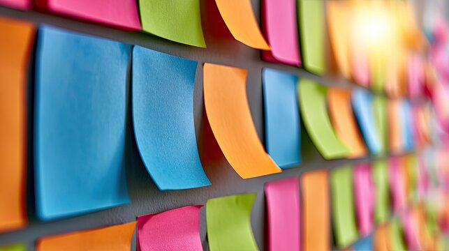 Vibrant, colorful sticky notes densely arranged in a grid, some curled upwards, with light glinting