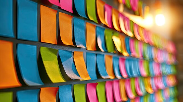 Vibrant wall covered with rows of colorful sticky notes