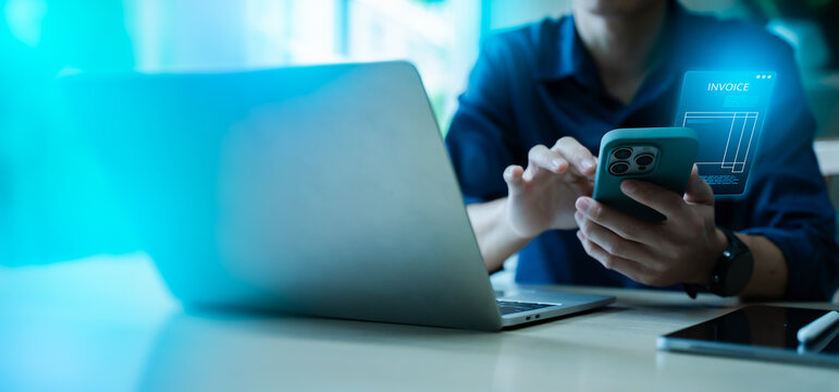 businessman scanning receipt with smartphone for expense tracking and digital bookkeeping, representing invoice management, mobile tax deduction, financial corporate audit and paperwork automation