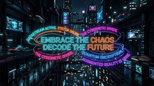 Futuristic Cityscape with Neon Cyberpunk Text Overlay Embrace Chaos Decode Future