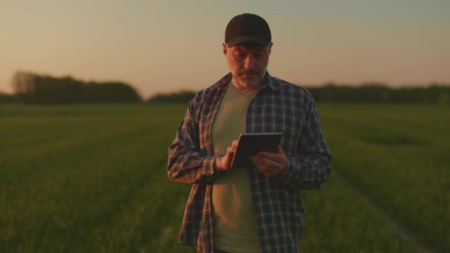 Farmer examining green leaf and smiling at camera in field, sunset