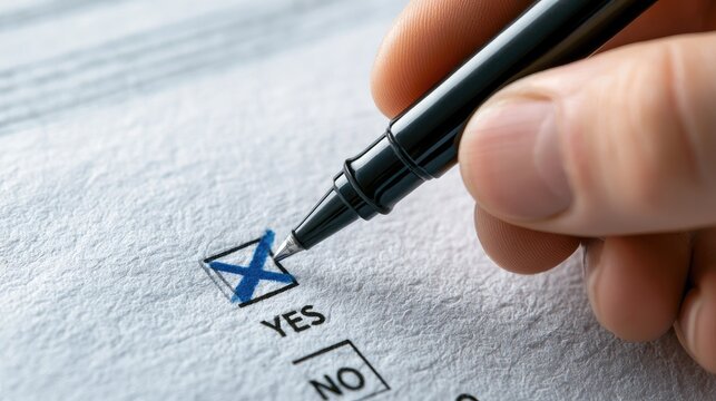 A hand holds a pen, marking "YES" on a questionnaire or ballot