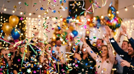 Obraz premium Joyful people celebrating with colorful confetti and balloons at a lively party