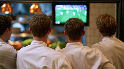 Obraz premium Chefs in white uniforms watching a soccer game on TV in the kitchen