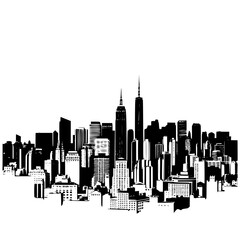 Black silhouette of a dense urban downtown cityscape with skyscrapers and high-rise buildings, city skyline, modern metropolitan architecture. © Sarfaraz