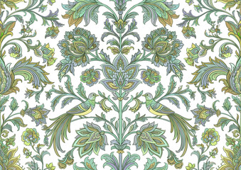 Naklejka premium Vintage damask seamless pattern with two birds, blooming flowers, curling branches and leaves, hand drawn vector illustration for wallpaper, textile and packaging design. 
