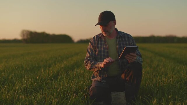 Farmer sitting in green field, checking soil moisture and using tablet