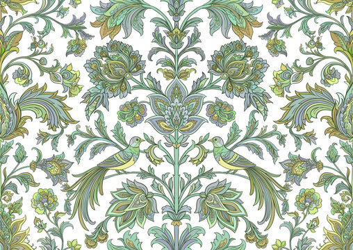 Vintage damask seamless pattern with two birds, blooming flowers, curling branches and leaves, hand drawn vector illustration for wallpaper, textile and packaging design. 