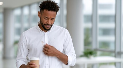 Obraz premium Man in white shirt with coffee cup examines stain on clothing while standing in a modern indoor setting with large windows and greenery visible in the background