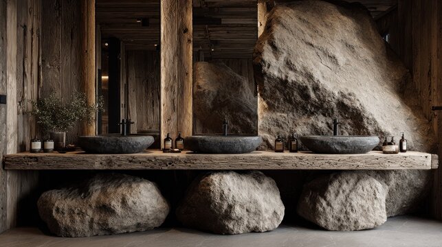 Rustic bathroom interior showcases natural stone basin supports and wooden vanity