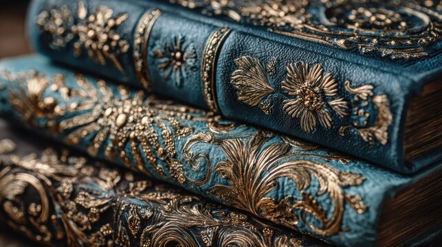 Stack of antique leather bound volumes showcases intricate golden ornamental embossing