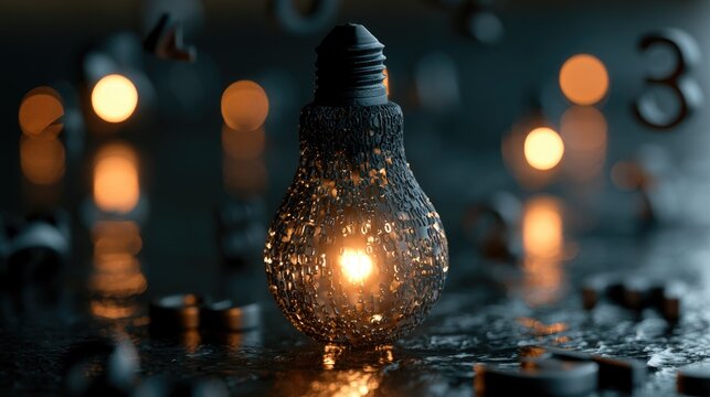 A glowing, shattered lightbulb rests on a wet, dark surface, surrounded by floating numbers