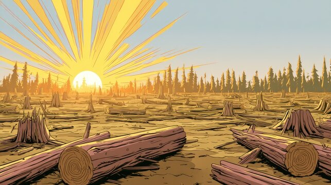A sun rises over a deforested landscape littered with logs and stumps