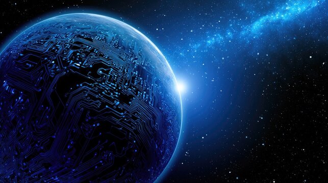 A planet with circuit board patterns glowing with blue light in outer space