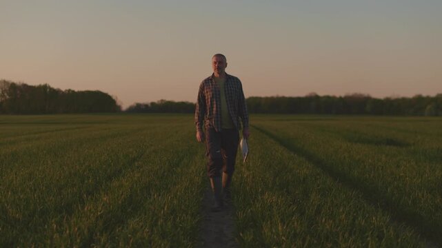 Farmer walking forward through green field with digital tablet, sunset