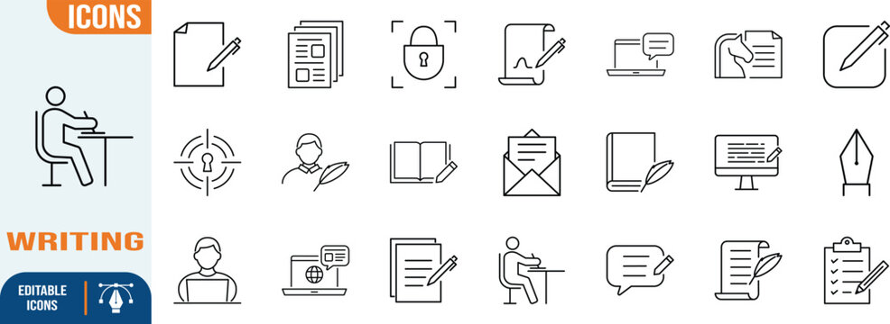 Content writing and editing line icons. document icon set, pen icon set, laptop icon set