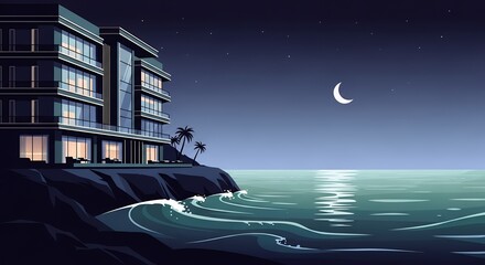 Naklejka premium Modern Luxury Resort Building on Sea Cliff at Night, Beachfront Apartment Illustration with Moon Stars and Ocean Waves