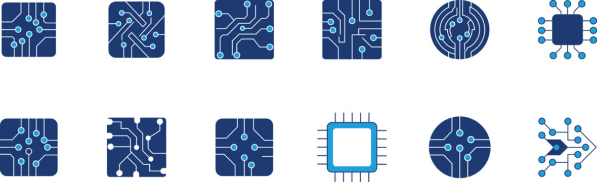Blue circuit board and microchip icon set with digital connection pathways Or Vector graphic collection of integrated processor hardware with network signal patterns
