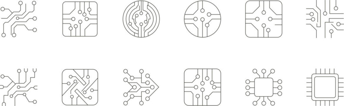 Line circuit board and microchip collection featuring digital network connections. Outline electronic processor vector illustrations showing computer hardware pathways. Editable stroke.
