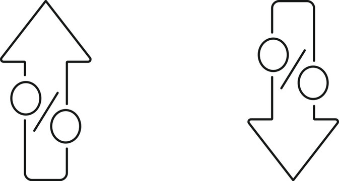 Up and down directional arrow outline icons featuring percentage symbols Or Financial rate increase and decrease vector line graphics for economic statistics. Editable stroke.
