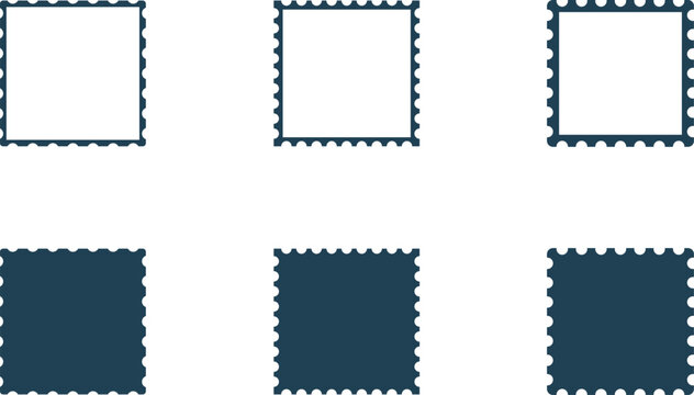 Blank Postage Stamp Vector Set with Perforated Edges Solid and Outline Scalloped Square Templates