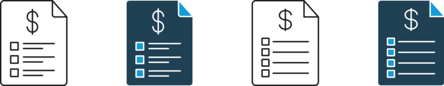 Financial invoice document icons with dollar mark and checklist in outline and solid colors Or billing receipt paper vectors featuring folded corners and payment lists

