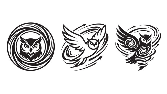 Three stylized black and white owl icons with swirling vortex patterns in a minimalist line art composition.