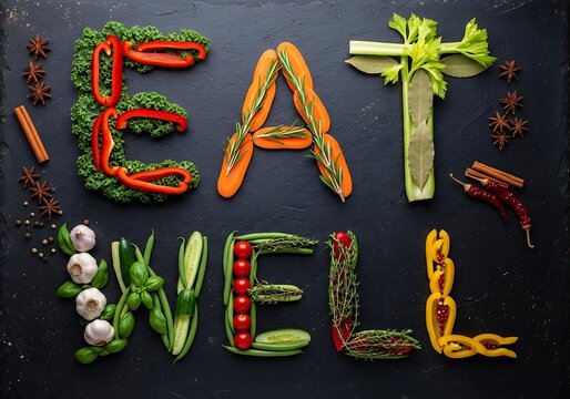 Eat well healthy lifestyle concept with vegetable letters on dark surface