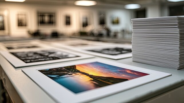 A stack of prints awaits framing in a brightly lit gallery space